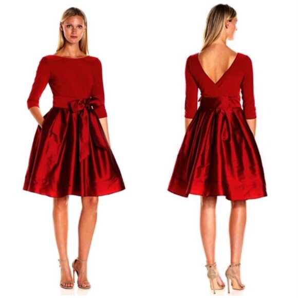 NWT Adrianna Papell Taffeta Two-Fer Fit and Flare Red Party Dress 14 - Picture 1 of 11